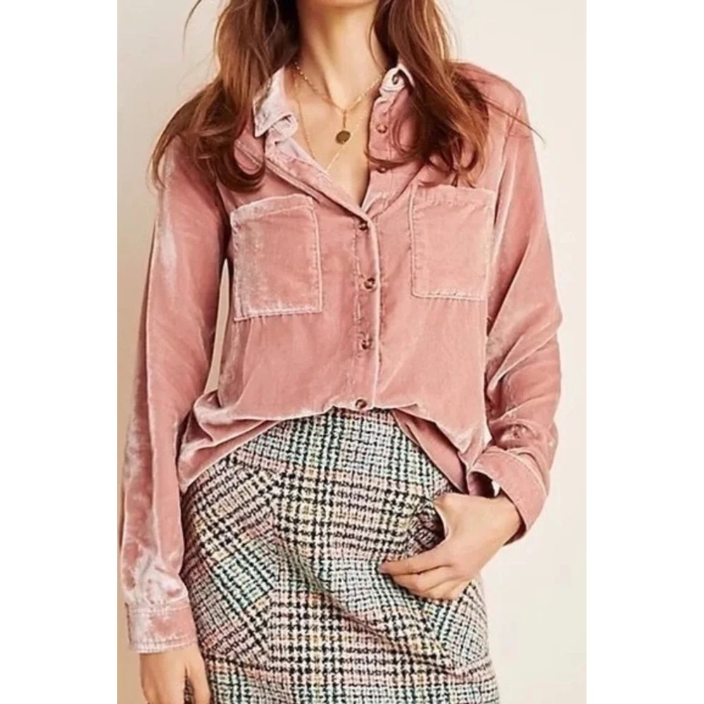 Maeve Anthropologie Pink Crushed Velvet Button Down Shirt Blouse Dusty Rose 12